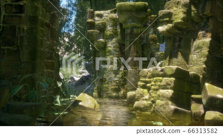 Stone ruins in a forest, abandoned ancient castle 66313582