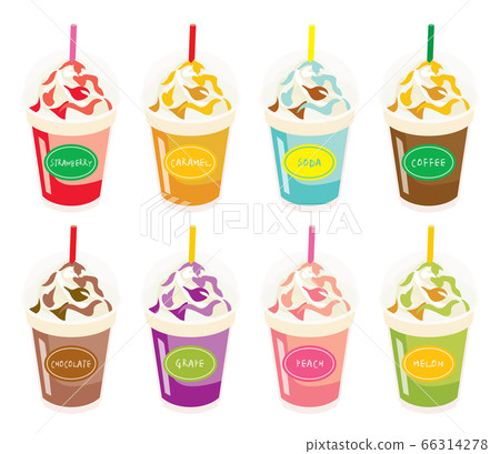 一套咖啡，焦糖和草莓冰沙 66314278