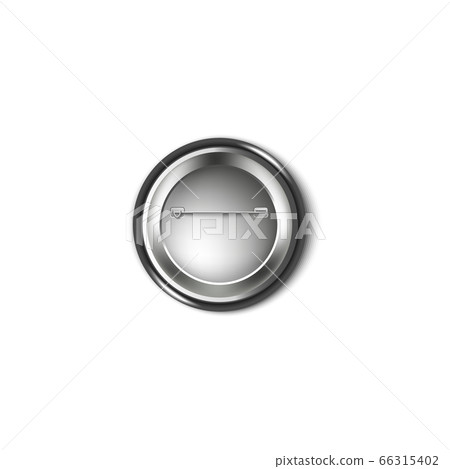 Back of a black plastic button pin, metallic side of a round brooch with needle and fastening hook 66315402