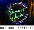 Green neon sign on a contrasting black background. And green leaves of plants 66315934