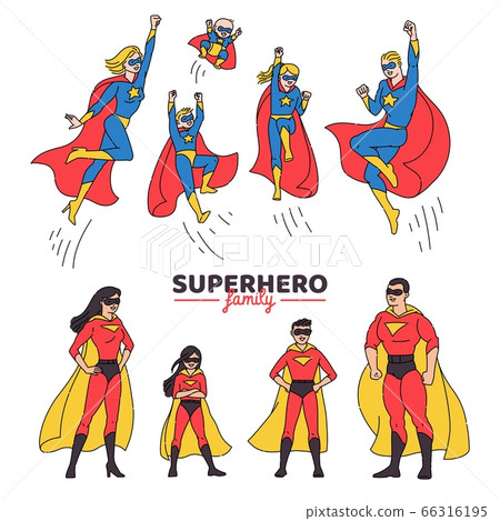 Superhero family in two costumes of heroes sketch vector illustration isolated. 66316195