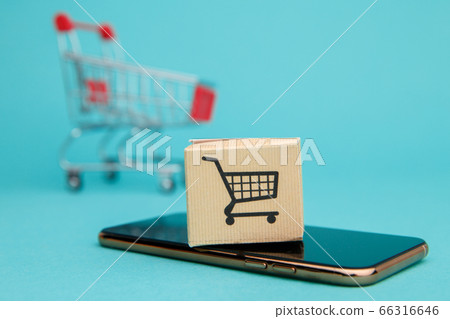 Concept of online Shopping. Box and shopping bag above smartphone isolated on blue background 66316646