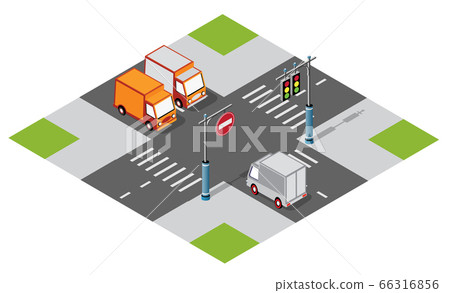 Car van at the crossroads of downtown in the town 3d illustration 66316856