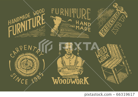 Wooden labels set for Workshop or signboards. Woodworker carpenter man, joiner and furniture. Hammer 66319617