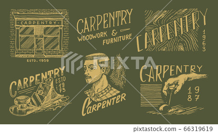 Wooden labels set for Workshop or signboards. Woodworker carpenter man, joiner and furniture 66319619