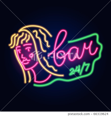 Neon Girl in glasses. Fashion sign. Night light... - Stock Illustration ...