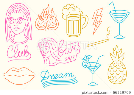 Set of fashion neon sign. Night light signboard, Glowing banner. Summer emblem. Club Bar logo on 66319709