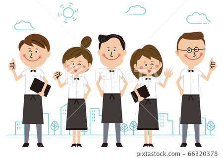 Waiters and waitress at a pop restaurant line up and pose outdoors Waiters and waitress at a pop restaurant line up and pose outdoors 66320378