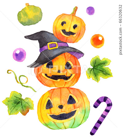 Watercolor_Three vertical Jack O'lanterns with decoration 66320632