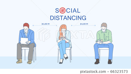 People are sitting on the chair and are using their own smartphone with each other at approximately 1 meter distance. Social distancing, keep distance in public society people to protect from COVID-19 66323573