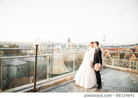 Romantic wedding moment, couple of newlyweds smiling portrait, bride and groom hugging Romantic wedding moment, couple of newlyweds smiling portrait, bride and groom hugging 66324641