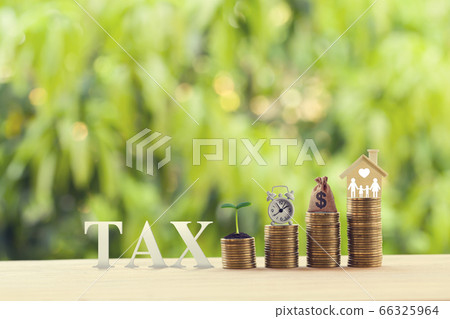 House or housing, land value, finance concept: word tax and young plant, alarm clock, dollar bags, home on rows of rising coins on wood table. depicts ad valorem tax on the value of the property all. House or housing, land value, finance concept: word tax and young plant, alarm clock, dollar bags, home on rows of rising coins on wood table. depicts ad valorem tax on the value of the property all. 66325964
