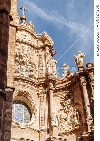 Front entrance facade of Torre del Micalet at Valencia cathedral. Spain 66327238