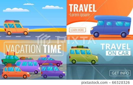 Travel family on car banner set, cartoon style Travel family on car banner set, cartoon style 66328326