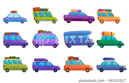 Travel on car icons set, cartoon style Travel on car icons set, cartoon style 66328327