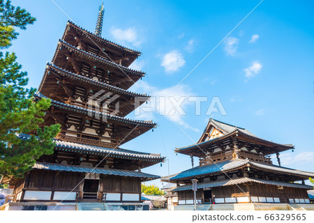Nara, the ancient city. Five-storied pagoda and Kondo of Horyuji Temple (Ikaruga Town, Ikoma District, Nara Prefecture) April 2020 66329565