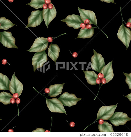 Seamless leaf pattern. Background with green branches on black 66329648