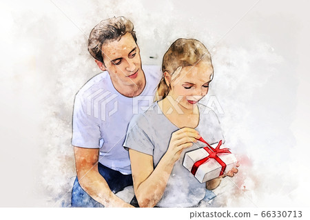 Abstract colorful happiness young couple hug at home on watercolor illustration painting background. 66330713