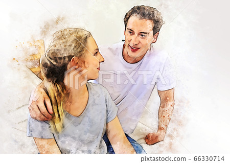 Abstract colorful happiness young couple hug at home on watercolor illustration painting background. 66330714