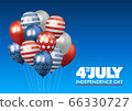 4th of July Independence day ad, voucher, banner, card, flyer, poster with realistic 3D ballons in USA flag colors with stars and stripes on blue background 66330727