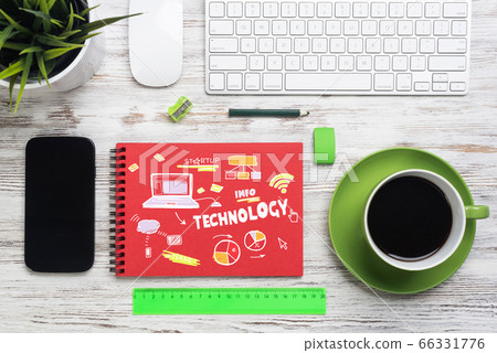 Flat lay wooden desk with computer keyboard 66331776