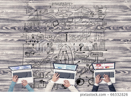 Top view of businesspeople sitting at table and using gadgets 66332826