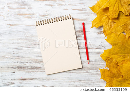 Spiral sketchbook and pen on wooden desk 66333109