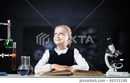 Smiling little girl sitting at desk with open book 66333199