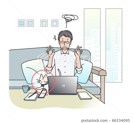 A man troubled by a cat walking on a computer... - Stock Illustration ...