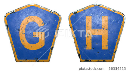 Set of public road signs in blue and orange color with a capital letters G and H in the center isolated white background. 3d Set of public road signs in blue and orange color with a capital letters G and H in the center isolated white background. 3d 66334213