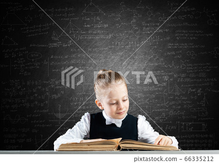 Smiling little girl sitting at desk with open book 66335212