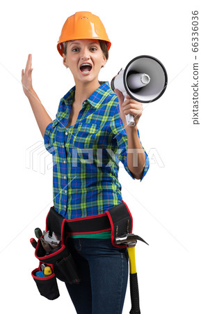Expressive woman in helmet shouting into megaphone Expressive woman in helmet shouting into megaphone 66336036