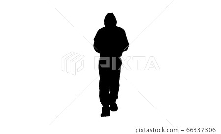 Silhouette Epidemiologist in hazmat suit and respirator mask using digital tablet while walking. Silhouette Epidemiologist in hazmat suit and respirator mask using digital tablet while walking. 66337306