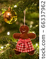 A fabric gingerbread man woman bear shaped Christmas Tree Decoration hanging from a tree 66337962