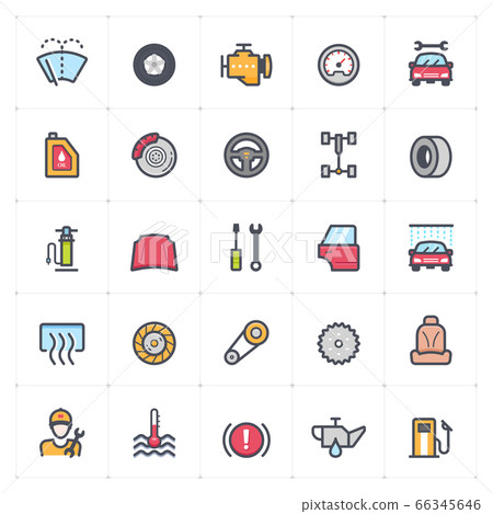 Icon set - garage and auto part outline stroke with color vector illustration on white background 66345646
