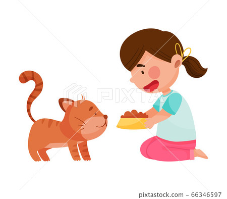 Girl Character Feeding Her Domestic Pet Cat... - Stock Illustration ...