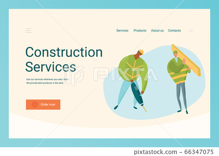 Construction business website template with characters working with jackhammer and timber. Construction business website template with characters working with jackhammer and timber. 66347075