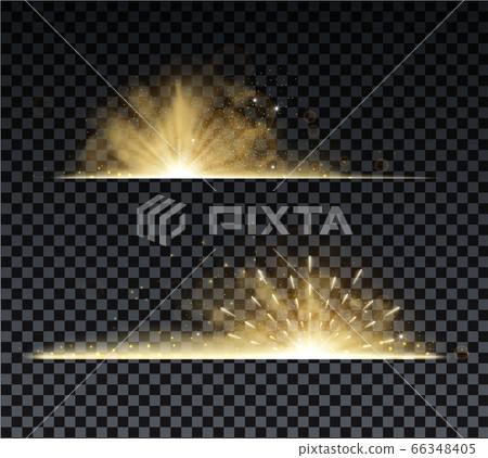 Golden burst with sparkle rays and lens flare effect. Glowing stars. Golden glitter bokeh lights and burst of magical dust particles. Vector illustration. 66348405
