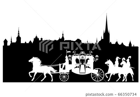 medieval fairy tale carriage and knights in old city black vector silhouette 66350734