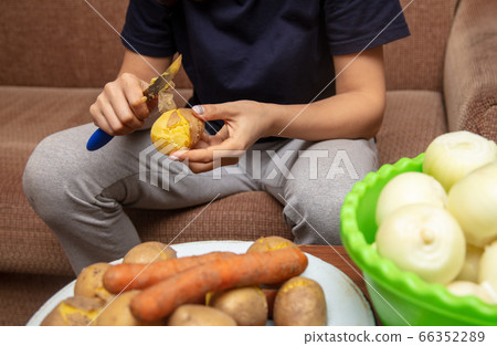 Girl peeling boiled potatoes with a knife Girl peeling boiled potatoes with a knife 66352289