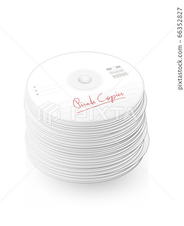 Pirate copies, bootlegs, illegal copy, labelled CDs, compact disc tower, many DVDs - isolated vector illustration on white background. 66352827