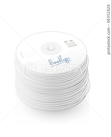 Bootlegs, illegal copy, pirate copies, labelled pile of CDs, compact disc tower, many DVDs - isolated vector illustration on white background. 66352828