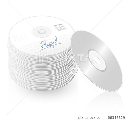 Illegal copy, bootlegs, pirate copies, pile of CDs, compact disc tower, many DVDs - isolated vector illustration on white background. 66352829