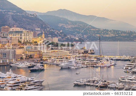 Monte Carlo Monaco, city skyline sunset at Ville port 66353212
