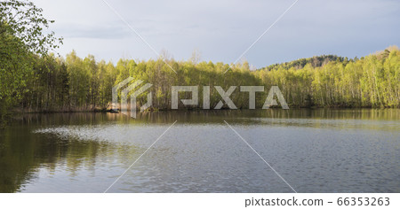 Panoramic view on calm water of forest lake, fish pond Kunraticky rybnik with birch and spruce trees growing along the shore and clear blue sky in golden sun light. Nature background. Spring landscape Panoramic view on calm water of forest lake, fish pond Kunraticky rybnik with birch and spruce trees growing along the shore and clear blue sky in golden sun light. Nature background. Spring landscape 66353263