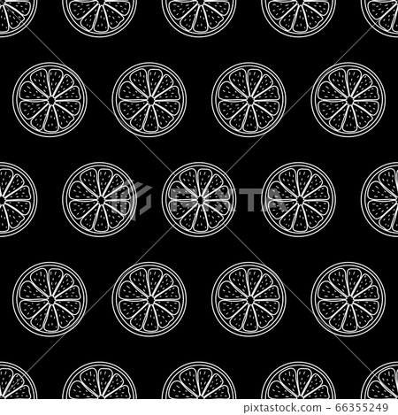 Seamless pattern with sliced pieces of citrus fruit. Black and white stylish simple backdrop. Vector illustration. Ideas for modern creative designs of backgrounds, print, packing, textile, menus. Seamless pattern with sliced pieces of citrus fruit. Black and white stylish simple backdrop. Vector illustration. Ideas for modern creative designs of backgrounds, print, packing, textile, menus. 66355249