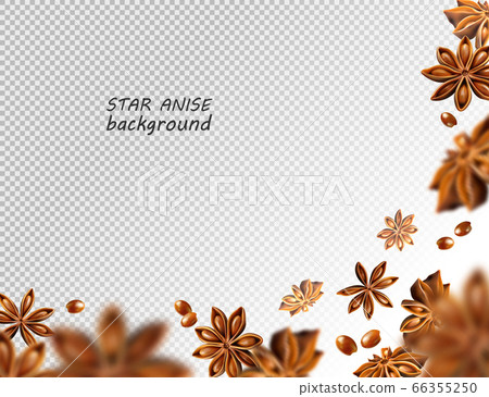 Star anise background. Flying star aniseed on a transparent backdrop. Quality realistic vector, 3d illustration Star anise background. Flying star aniseed on a transparent backdrop. Quality realistic vector, 3d illustration 66355250