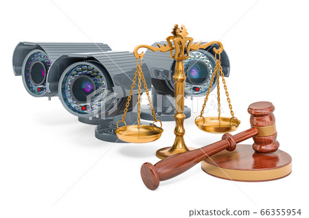 Security surveillance cameras with wooden gavel 66355954