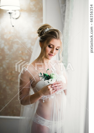 Luxury bride in white dress posing while preparing for the wedding ceremony 66356354
