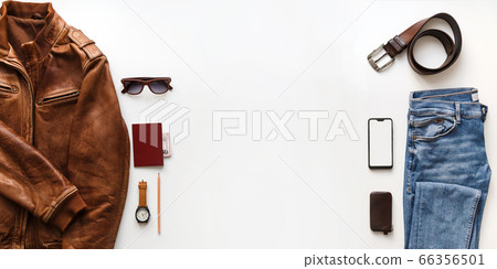 Male flat lay hipster summer fashion set of accessories and clothes on white. Copy space in center 66356501
